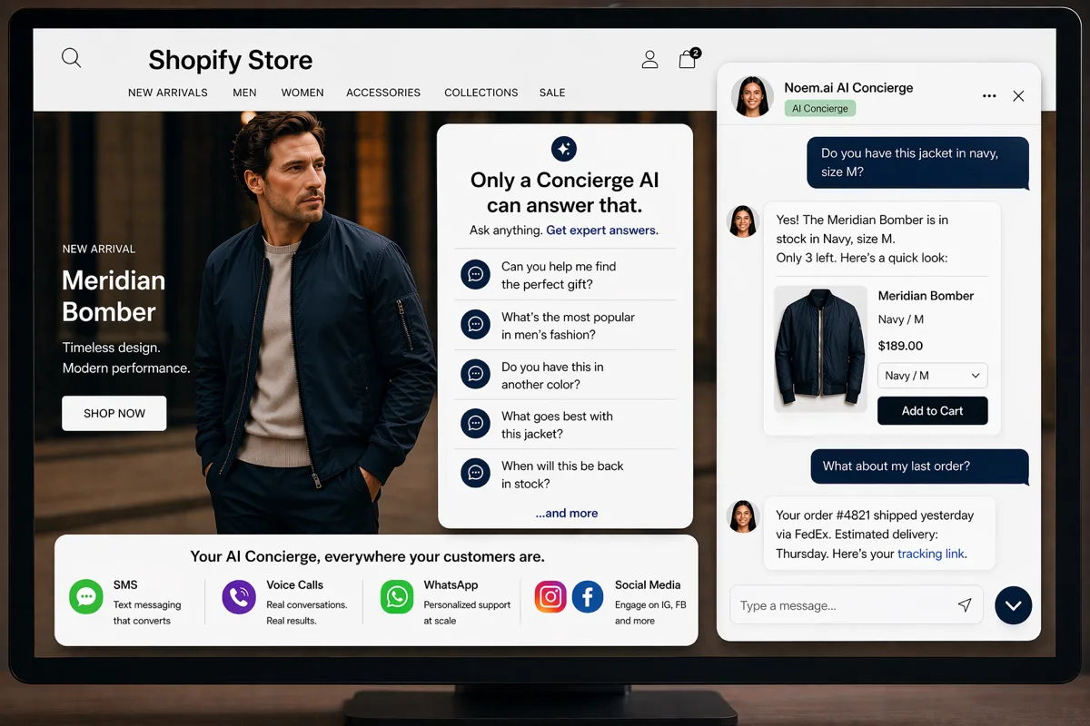 Noem.ai AI concierge on a premium Shopify store with personal shopper, support automation, and conversion insights